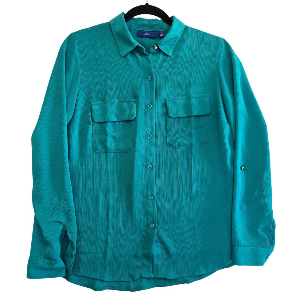 Y2K APT.‎ 9 Womens Size S Button Down Long Tab Sleeves Jade Green Utility Shirt - Picture 8 of 8